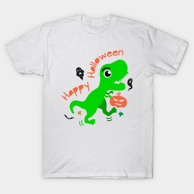 Cute green dinosaur t rex holding a pumpkin T-Shirt by 397House